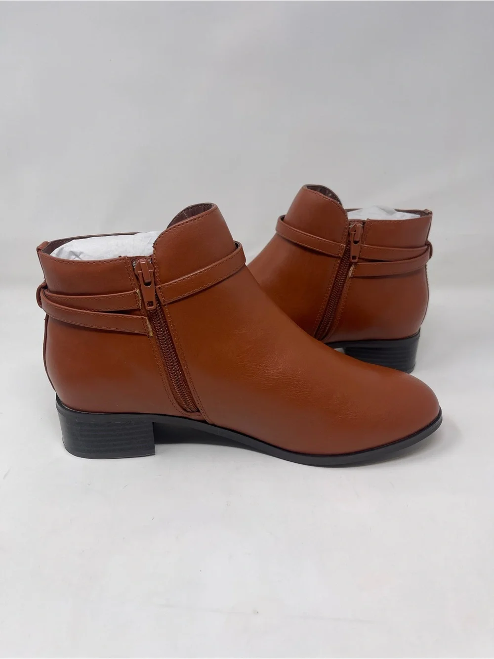 Ashro Menna Ankle Boots Womens‎ Size 8 Brown Luggage Faux Leather Buckle Zip New